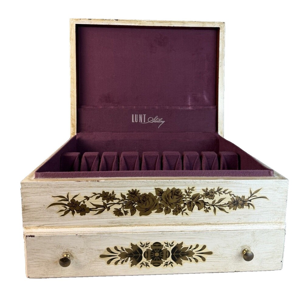 VTG Lunt Sterling Mahogany Flatware Chest Distressed Florentine Style w/ Drawer